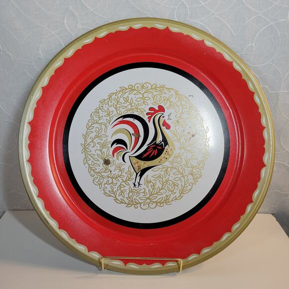 VINTAGE Stoyke Tray Platter 19" Round Red White Chicken Metal Mid Century 60s - Picture 6 of 16
